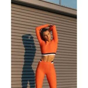 Wilo Australia Orange Blue White Crop Top Sports Bra Legging 3 Pc Set Small NWT